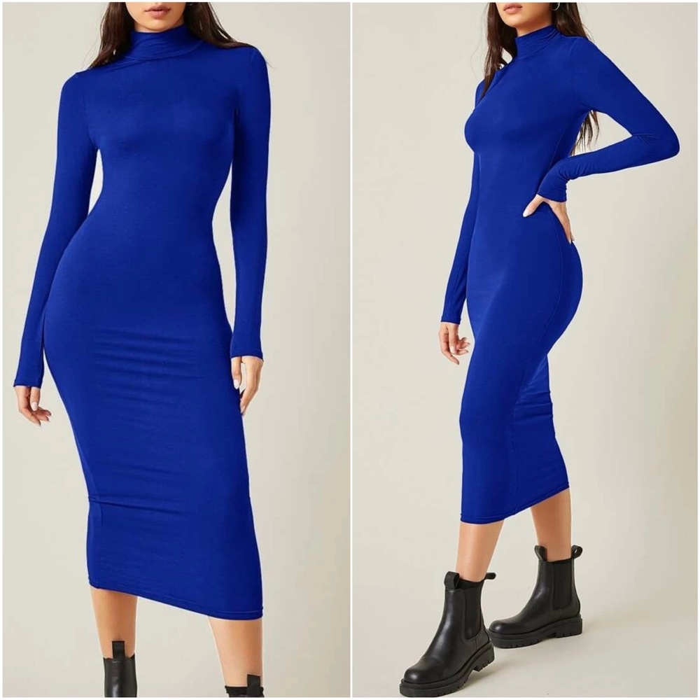 Army Green mock neck fitted midi dress Party - Picture 6 of 8